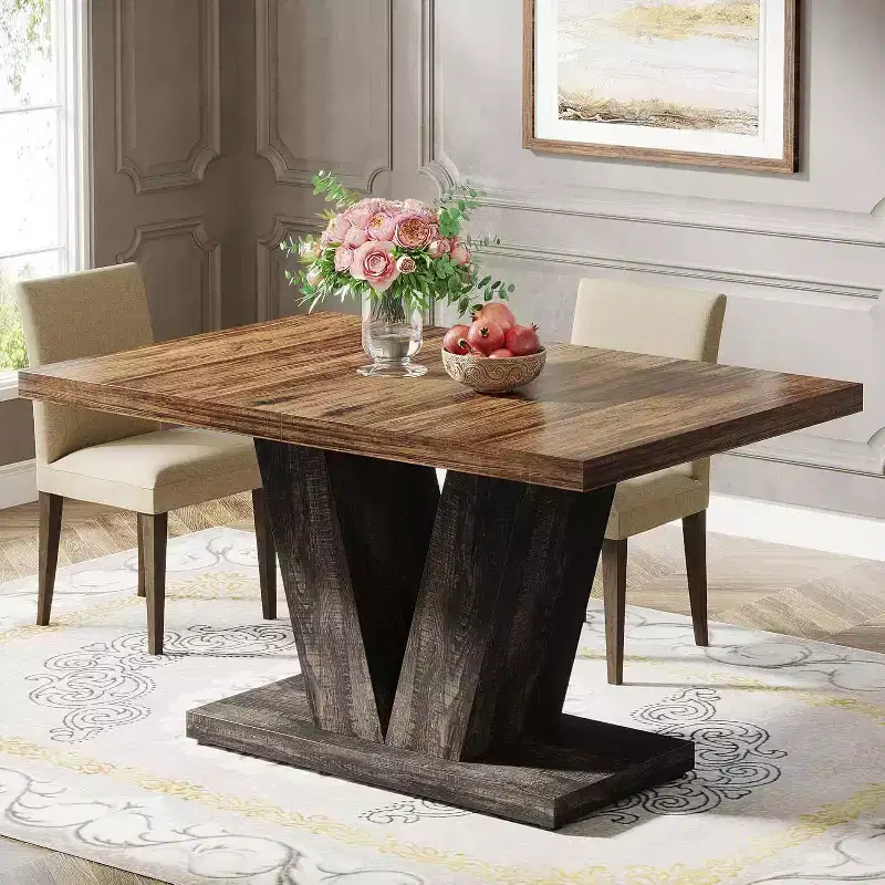 Okak Farmhouse Large Rectangular Dining Table with Sturdy Pedestal Base,Minimalist Kitchen Dinner Table for Dining Room,Breakfast Nook