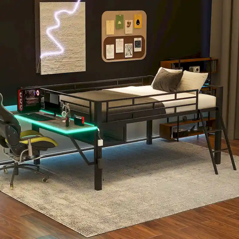 Full Size Gaming Mid Loft Bed with Desk and Storage Built, LED Light