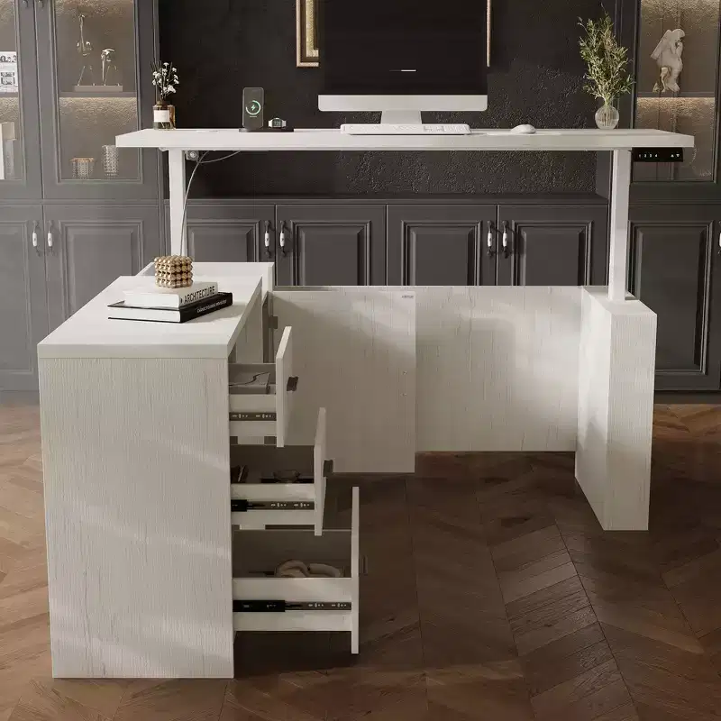 L-Shaped Electric Height Adjustable Standing Desk with Storage Drawers & Charging Ports, 4 Memory Settings, for Home Office