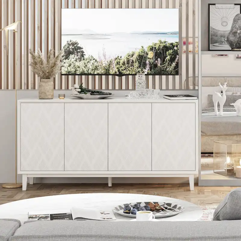 Modern 4-Door Cabinet with 3D Curved Motif and Push Latch — TV Stand, Sideboard & Buffet