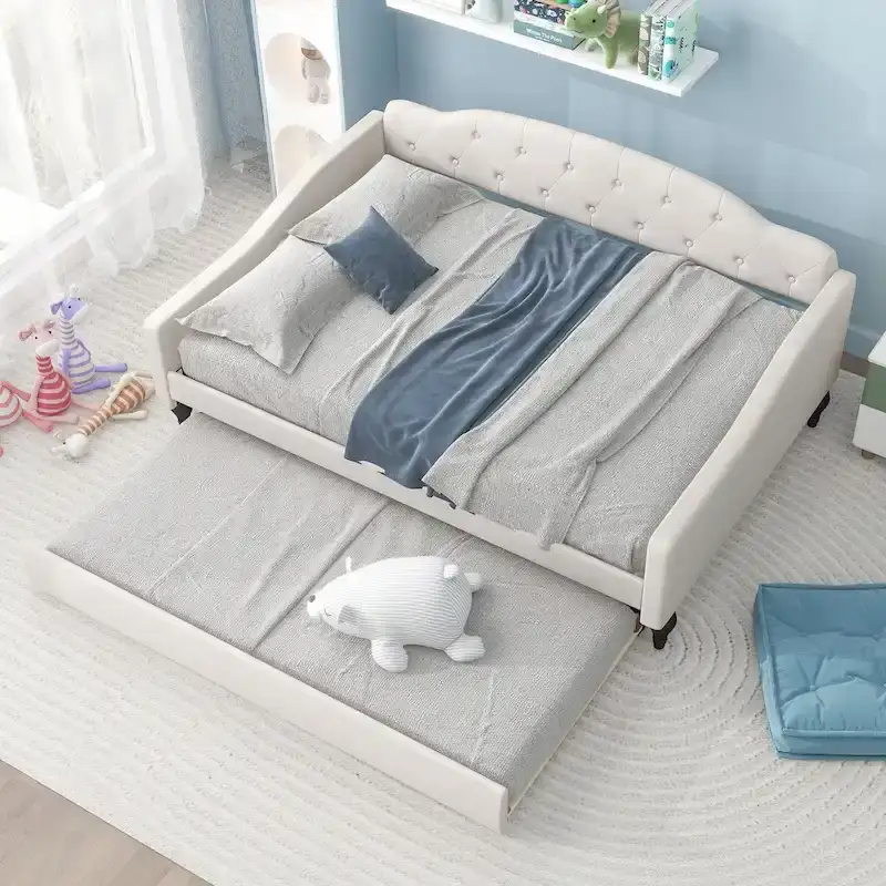Full Size Upholstered Tufted Daybed Bed with Twin Size Trundle