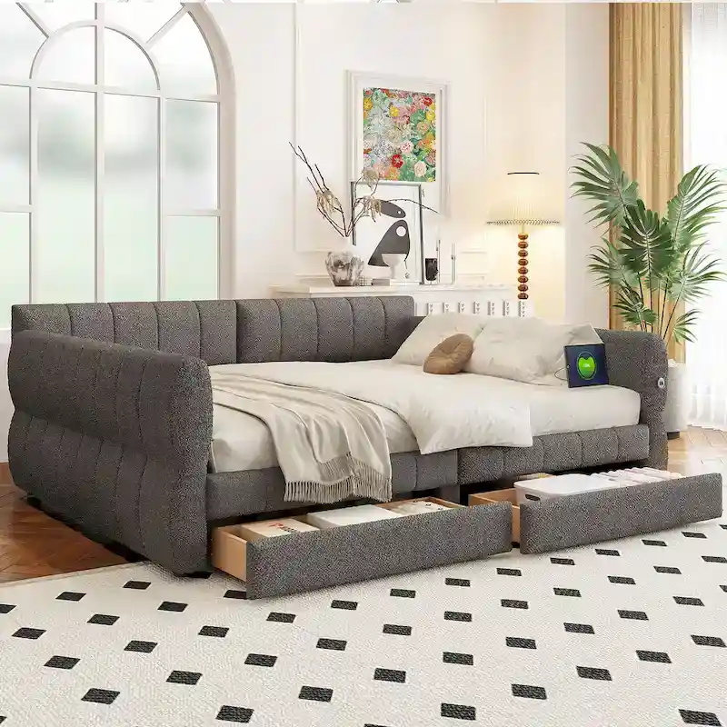Queen Size Upholstered Platform Bed with USB Port and 2 Drawers, Wood Daybed Frame with Backrest Design, No Box Spring Needed