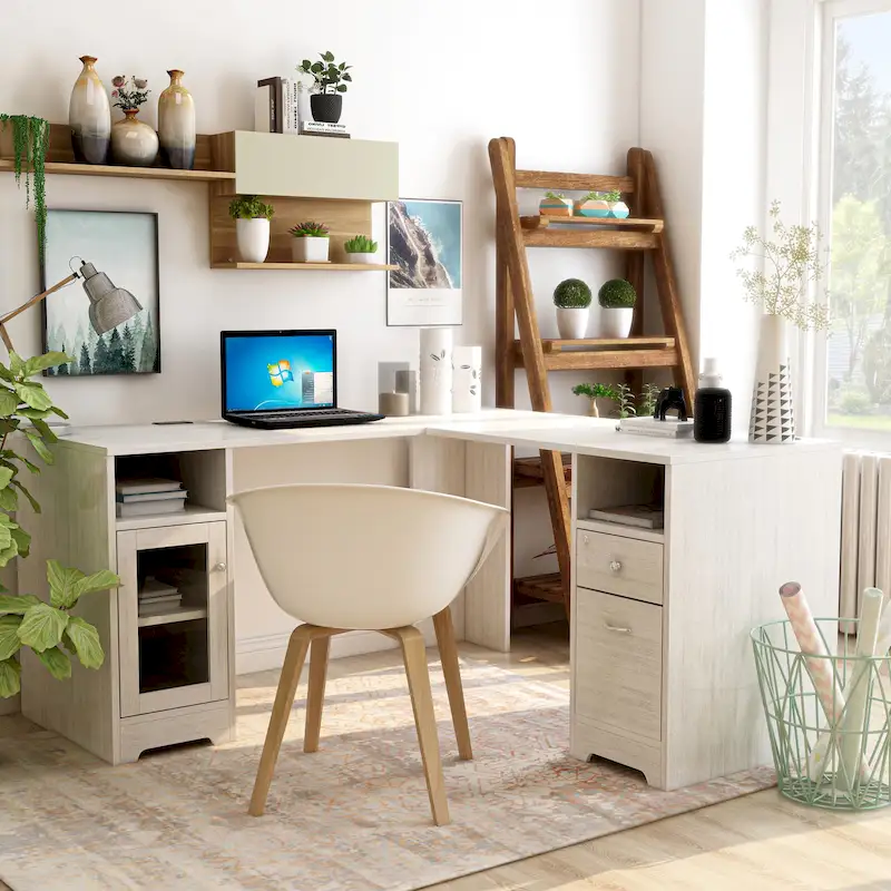 Transitional 59-inch L-shaped Computer Desk with USBs
