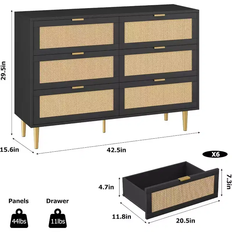 6-Drawer Rattan Dresser - Gold Accent Modern Storage Chest for Bedroom & Living Room