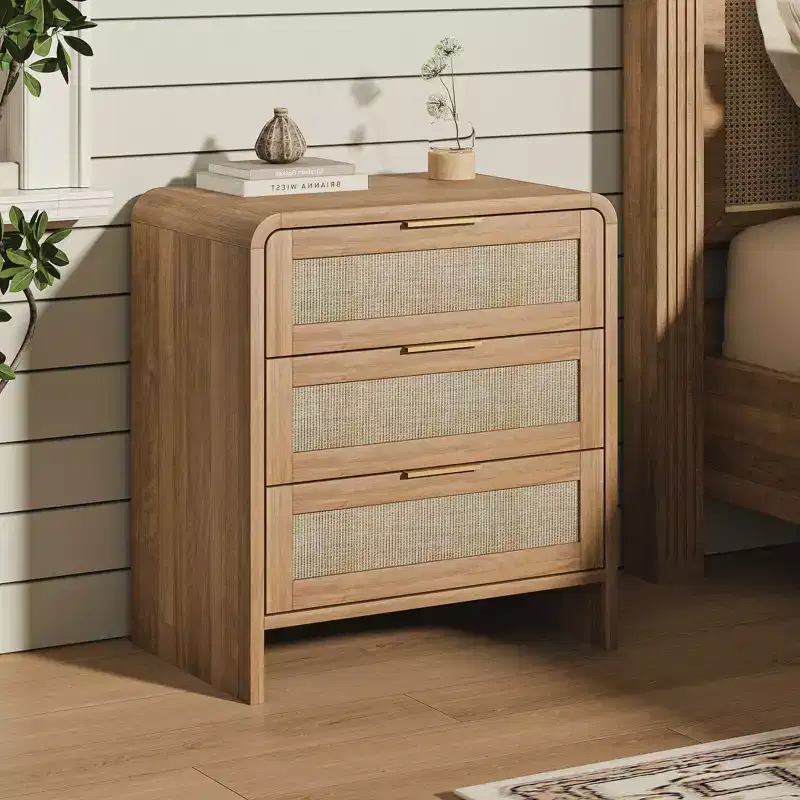 Rattan Boho Rattan 3 Drawer Nightstand for Bedroom Living Room