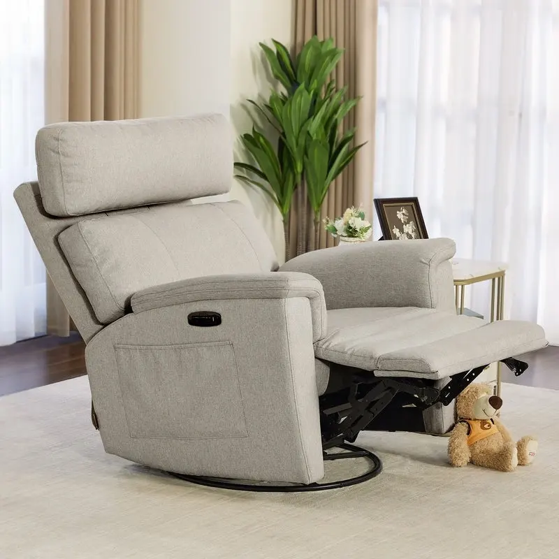 Power Swivel Glider Recliner Nursery Chair, Fabric Upholstered, Mist Grey Blue Beige