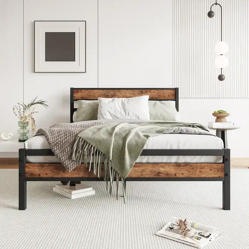 Black Rustic Wood Headboard Full Size Platform Bed, 1 Person
