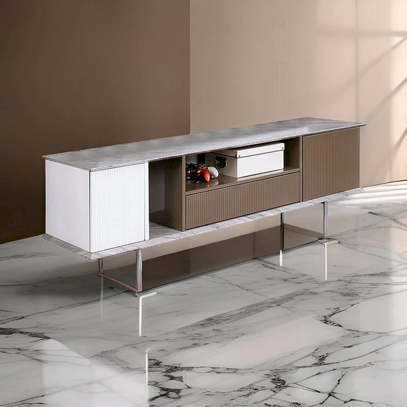70-Inch TV Stand with 1 Drawer and Open Shelves — White, Champagne & Gray