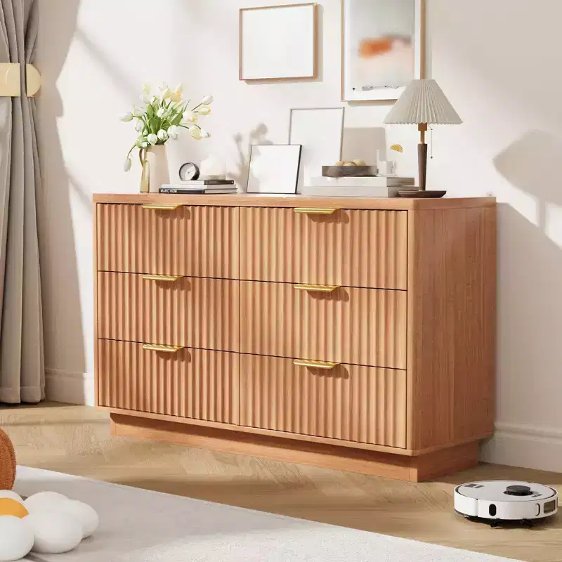 6 Drawer Dresser for Bedroom, 47.2W Wooden Chest of Drawers with Gold Handles, Fluted Dresser TV Stand, Clothes Storage Organizer for Bedroom