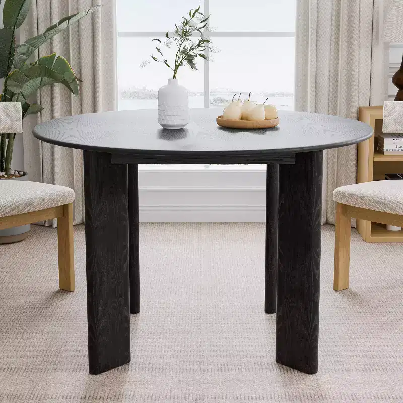 45 Black Solid Wood Farmhouse Dining Table Round Wood Top for Modern Dining Rooms & Family Gatherings