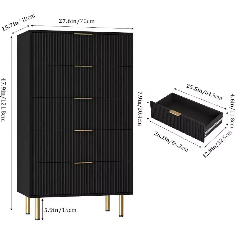 Acekool 5 Drawer Dresser, Tall Modern Chest with Fluted Panels, Wide Gold Handles, Bedroom Storage Organizer for Closet, Living Room, Entryway