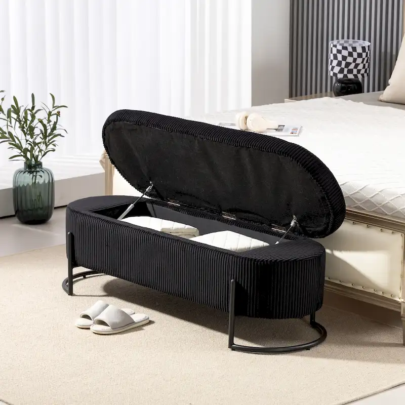 Corduroy Upholstered Storage Ottoman Bench with Safety Hinge and Metal Legs, Bedroom or Entryway