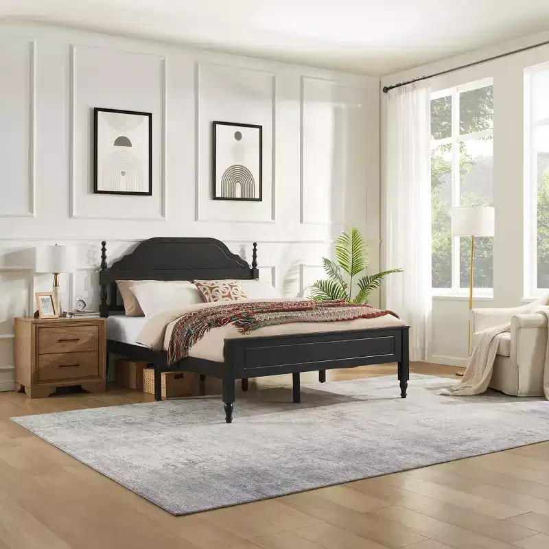 Ashbourne Modern Upholstered Bed with Curved Headboard — Queen, Polyester