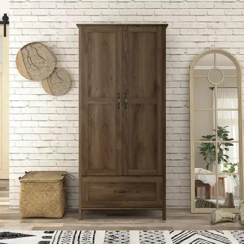 Rustic Distressed Walnut Double-doors Wardrobe Clo with 1-Drawer