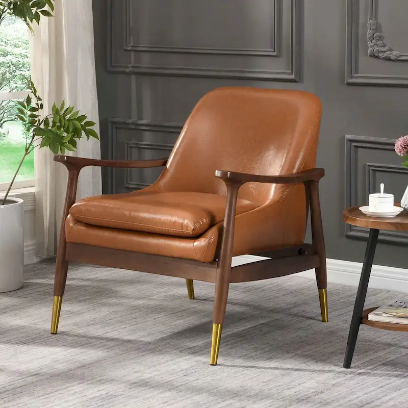 Modern PU Leather Accent Leisure Chair Solid Wood Frame Mid Century Style