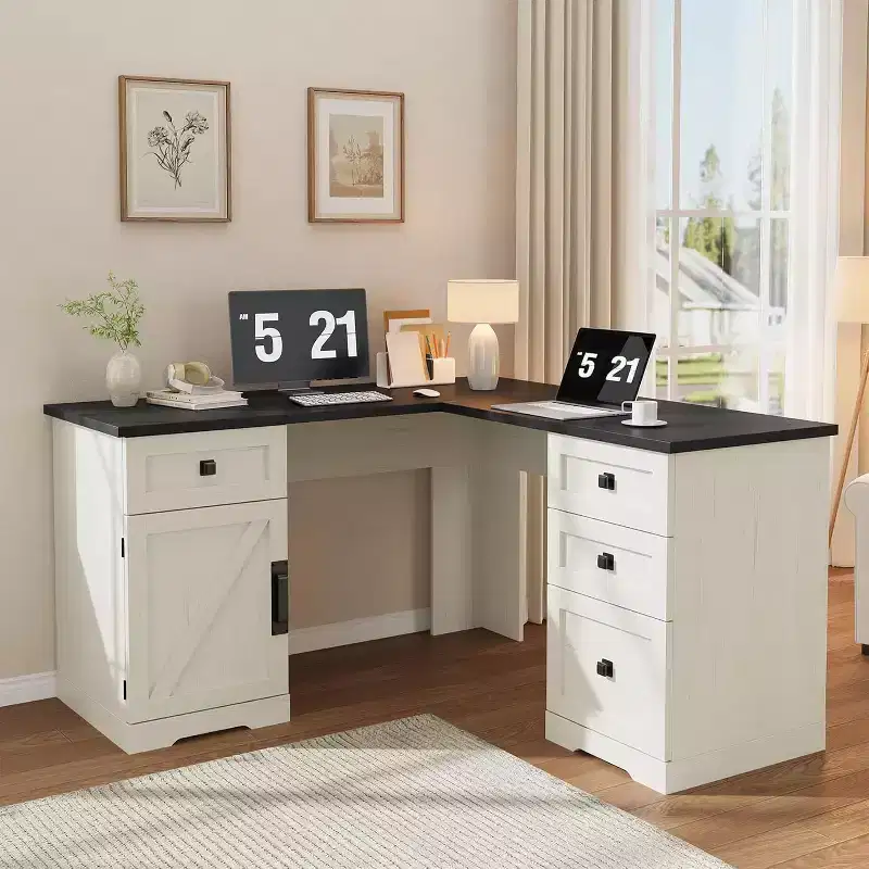COZONY 60 White L Shaped Executive Desk, Farmhouse Home Office Corner Computer Desk with File Drawers & Storage Cabinet
