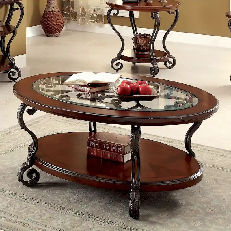 Brown Cherry Coffee Table with Scroll Metal Frame
