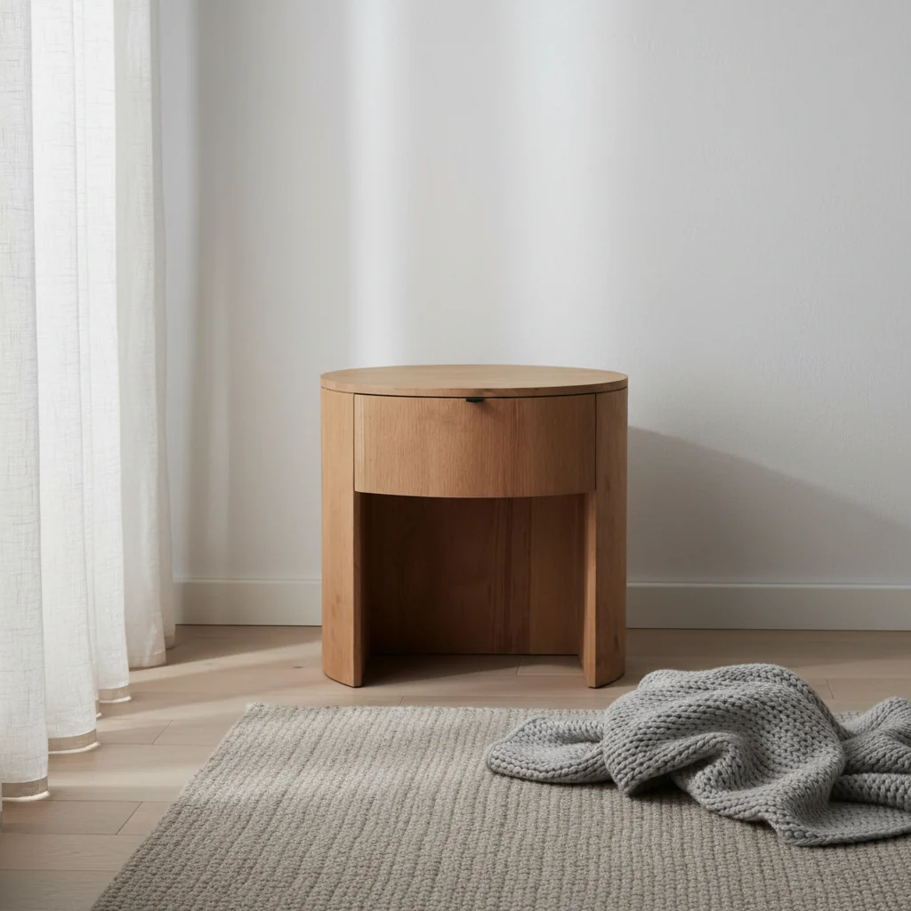 Minimalist Curved Solid Oak 1-Drawer Nightstand with Soft-Close Glides & Metal Pull for Bedroom