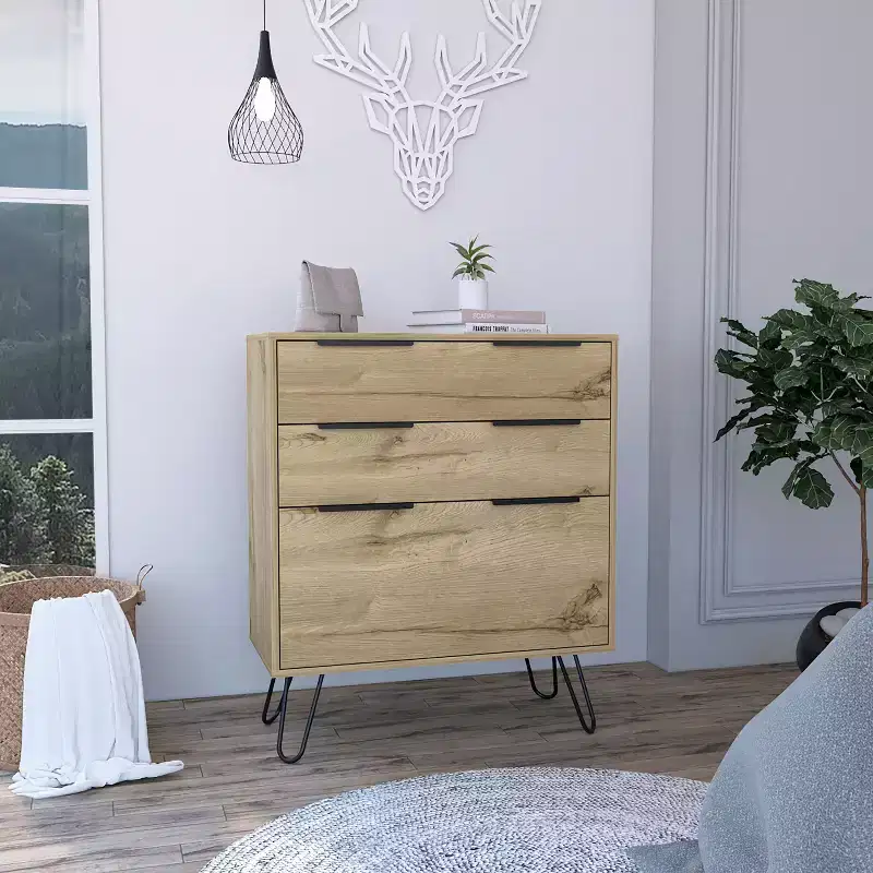 3/4-Drawer Dresser Compact Storage for Clothing, Sturdy Steel Legs and Durable Top Surface, for Living Room/Bedroom/Office, Light Oak