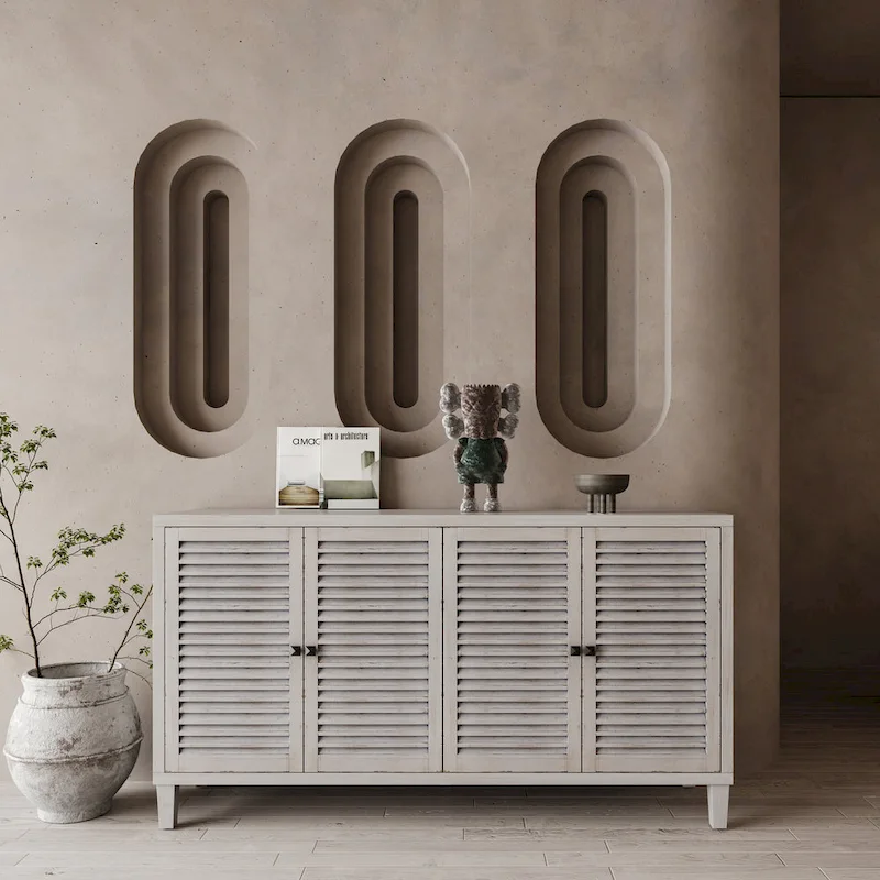 60-in Farmhouse Natural Wood Wash 4 Shutter Door Wooden Sideboard Buffet Server Accent Storage Cabinet