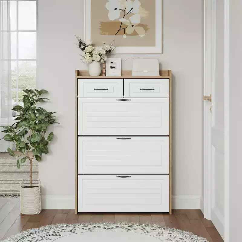 Shoe Cabinet with 3 Rotating Doors & 2 Drawers – White & Oak, Holds 18–24 Pairs