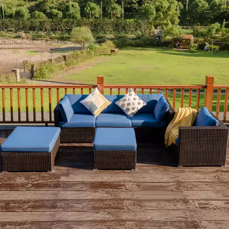 Costway 6PCS Patio Rattan Furniture Set Sofa Coffee Table Ottoman Navy