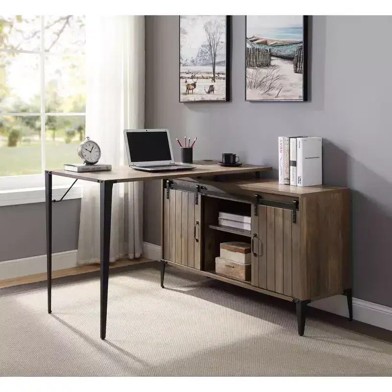 48 Inch L-Shape Writing Desk, Modern Computer Desk with Sliding Barn Door Storage, Cord Management, Metal Legs for Home Office