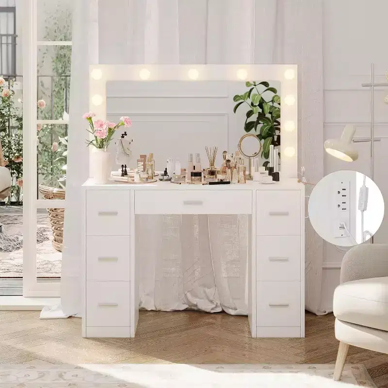 Acekool White Vanity Desk with Mirror, Adjustable Lighting & Power Outlets, 7 Drawer Makeup Table for Bedroom or Dressing Room