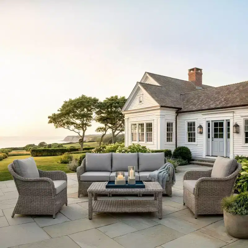 Martha Stewart All-Weather Rattan Wicker Patio Sofa, 2 Chairs,Coffee Table - Weathered Gray