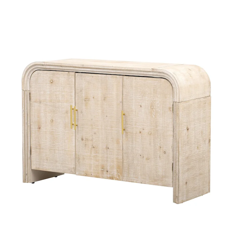 Curved 2-Door Sideboard with Gold Linear Pulls – Natural Wood Wash / Antique Black, MDF & Fir Veneer, Distressed Finish