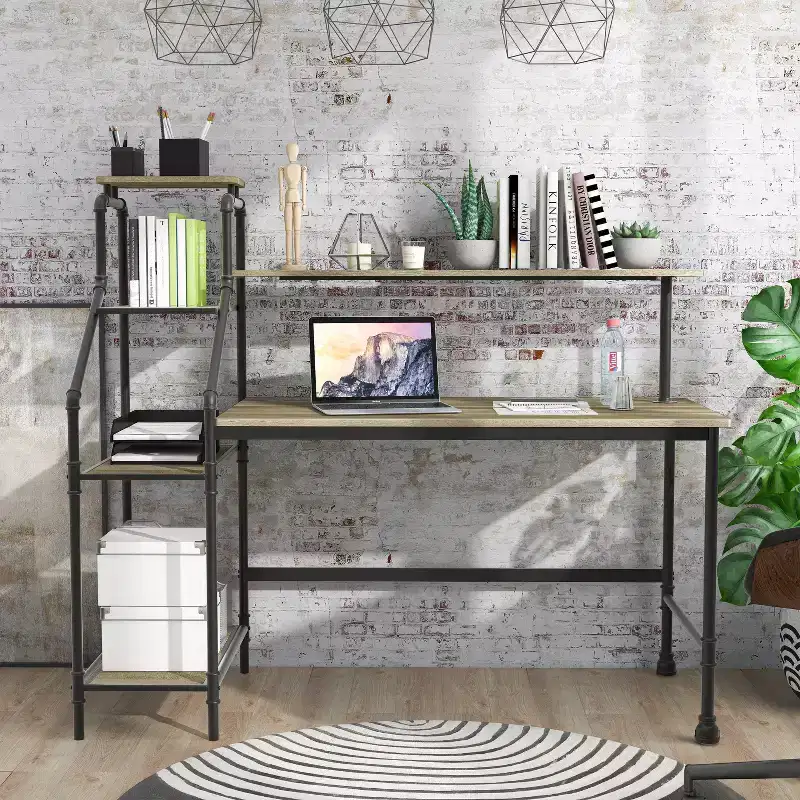 Phil Industrial Desk with Reversible Bookcase and Led Lighting - miBasics