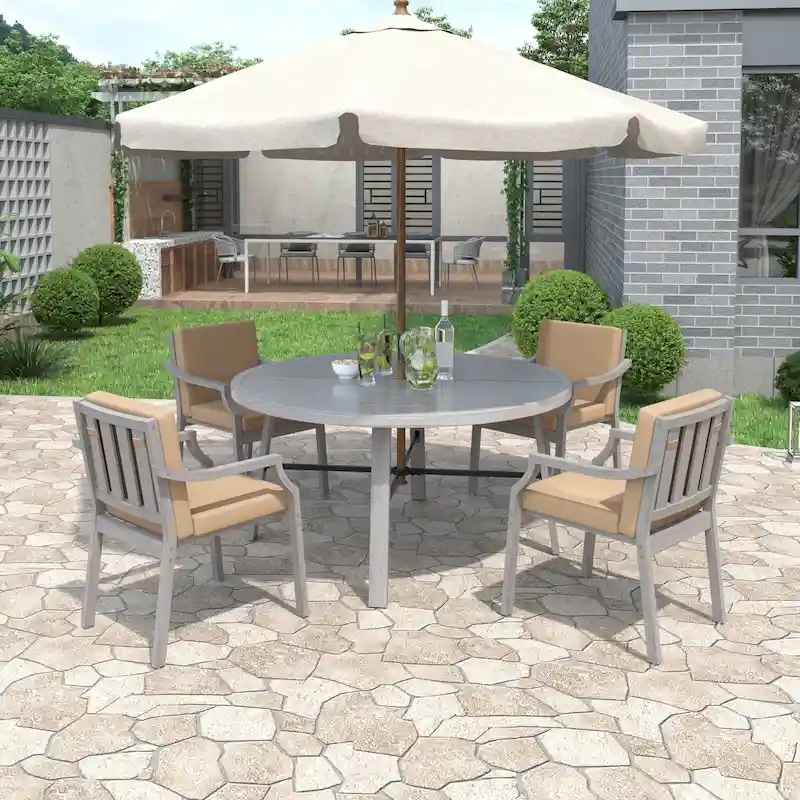 Outdoor Dining Set 4-Person Outdoor Wooden Dining Set with Umbrella Hole and Removable Cushions for Patio, Backyard