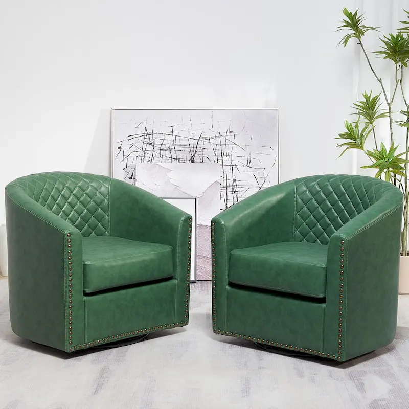 KINWELL 29 Wide Tufted PU Leather Swivel Barrel Chair (Set of 2)