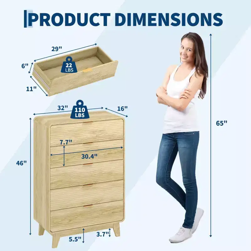 Wooden 5-Drawer Dresser with Gold-Tone Handles & Curved Silhouette, Contemporary Display Cabinet with Wood Legs for Living Room, Bedroom & Entryway