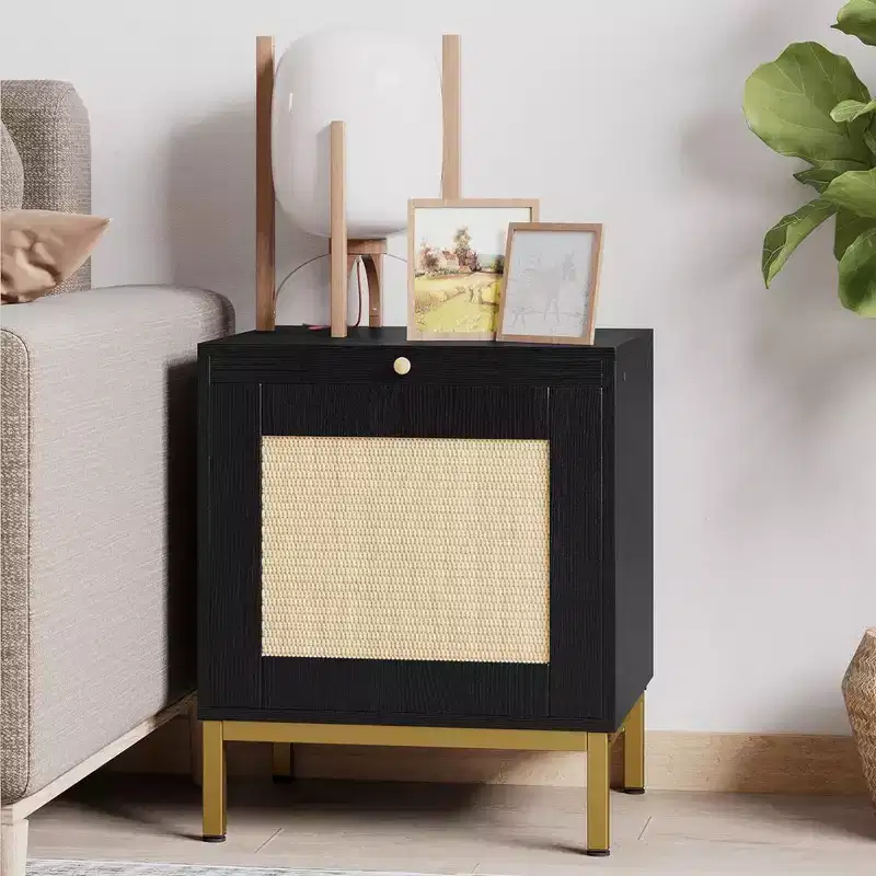 Rattan End Table, Wood Nightstand with Tray for Living Room, Bedroom Side Table with Storage Shelf
