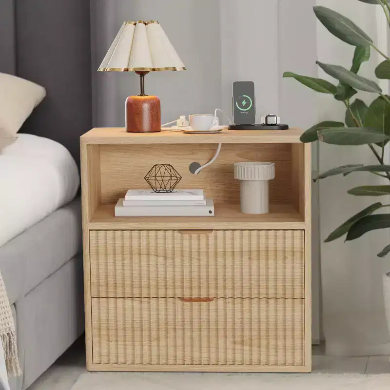 Set of 2 Fluted Farmhouse Nightstands with Charging Station - 23 Mid-Century Modern End Tables with 2 Drawers for Bedroom, Living Room