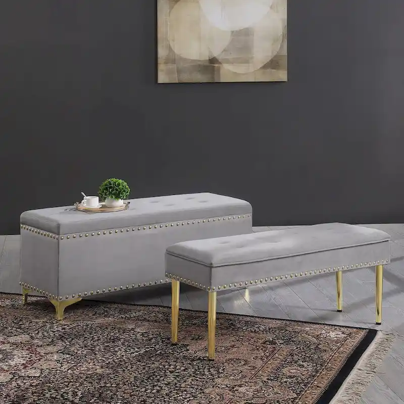 Large Storage Benches Set, Nailhead Trim 2 in 1 Combination Benches, Tufted Velvet Benches with Gold Leg, Support 250lbs