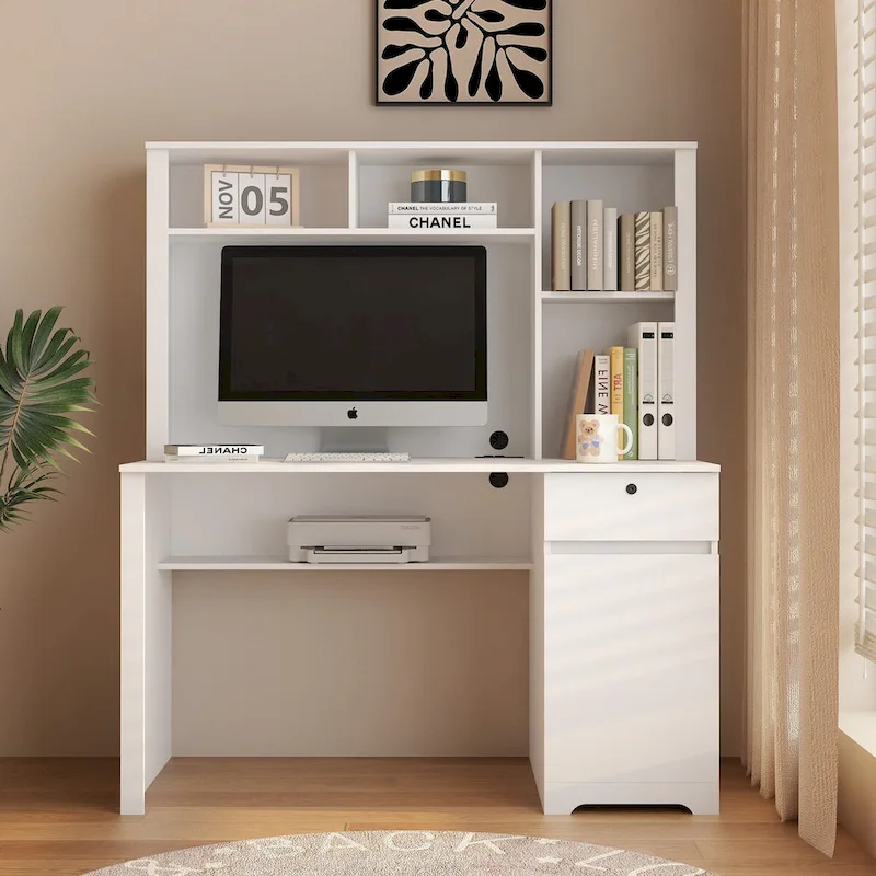 Computer Desk with Bookshelf,Wood Desk Teens Writing Laptop Home Office Desk with Drawers,3 AC Outlets and 2 USB Charging Ports