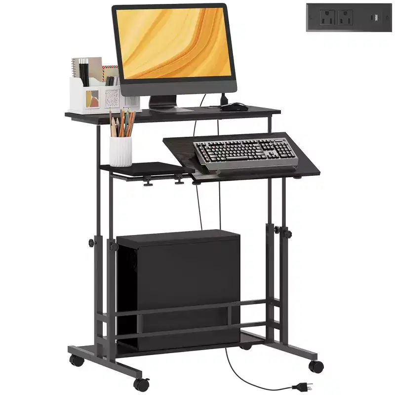 Standing Desk with Power Outlets, Height Adjustable Stand Up Desk with Tiltable Tabletop, Lockable Wheels, Shelf, for Home Office