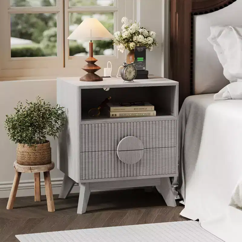 Fluted Nightstand with 2 Drawers & Open Shelf, Modern Wooden Bedside Table for Bedroom, End Table with Storage for Living Room