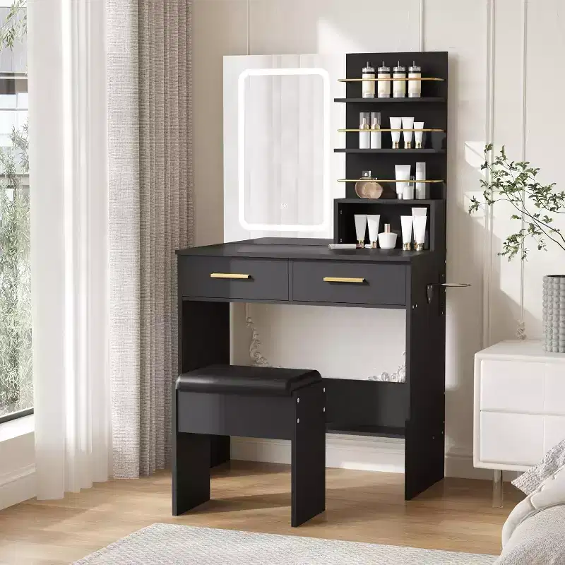 Vanity Desk with LED Lighted Mirror & Power Outlet with 3 Color Modes & Adjustable Brightness,2 Drawers & 4 Storage Shelves,for Makeup Vanity,Bedroom