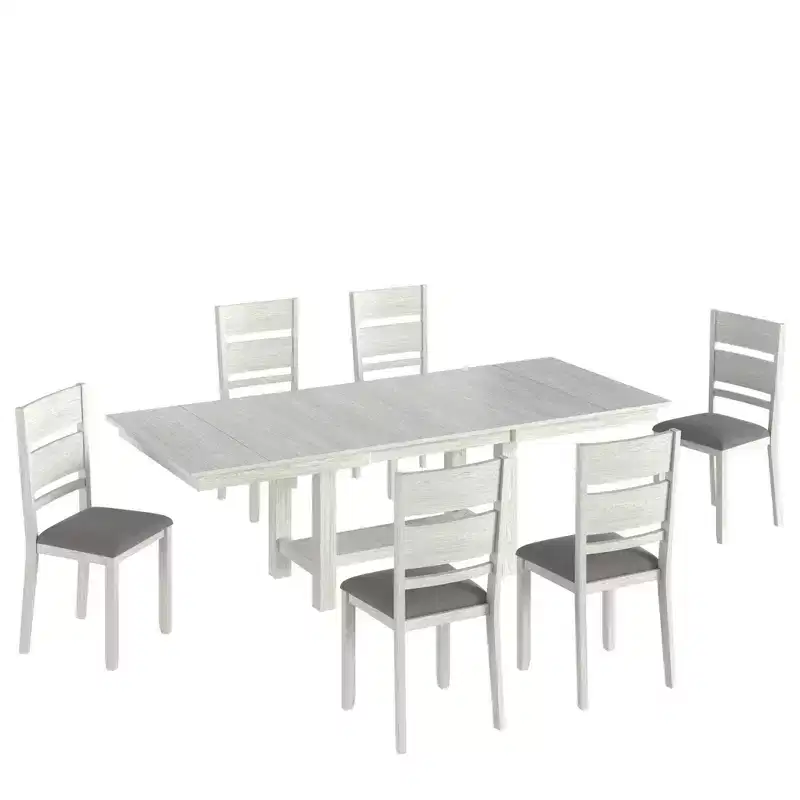 Rustic 7-Piece Extendable Dining Table Set for 6, Rubber Wood Table and 6 Armless Upholstered Dining Chairs, Gray