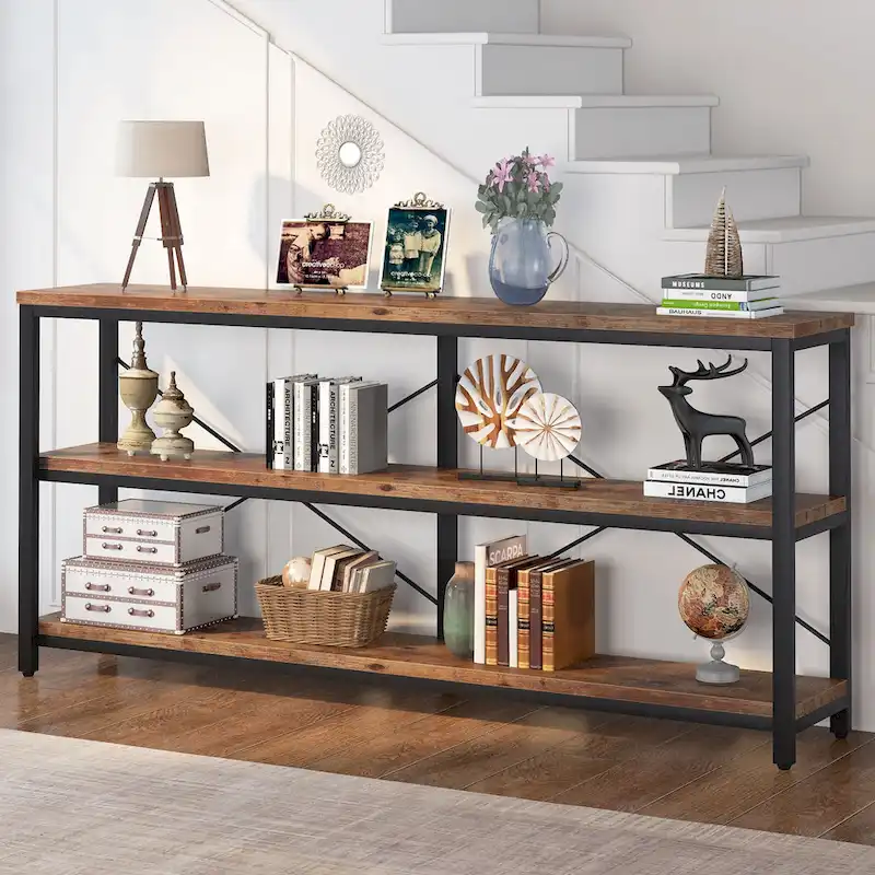 Extra Long Console Sofa Table with Metal Frame for Entrance, 3 Tiers TV Stand