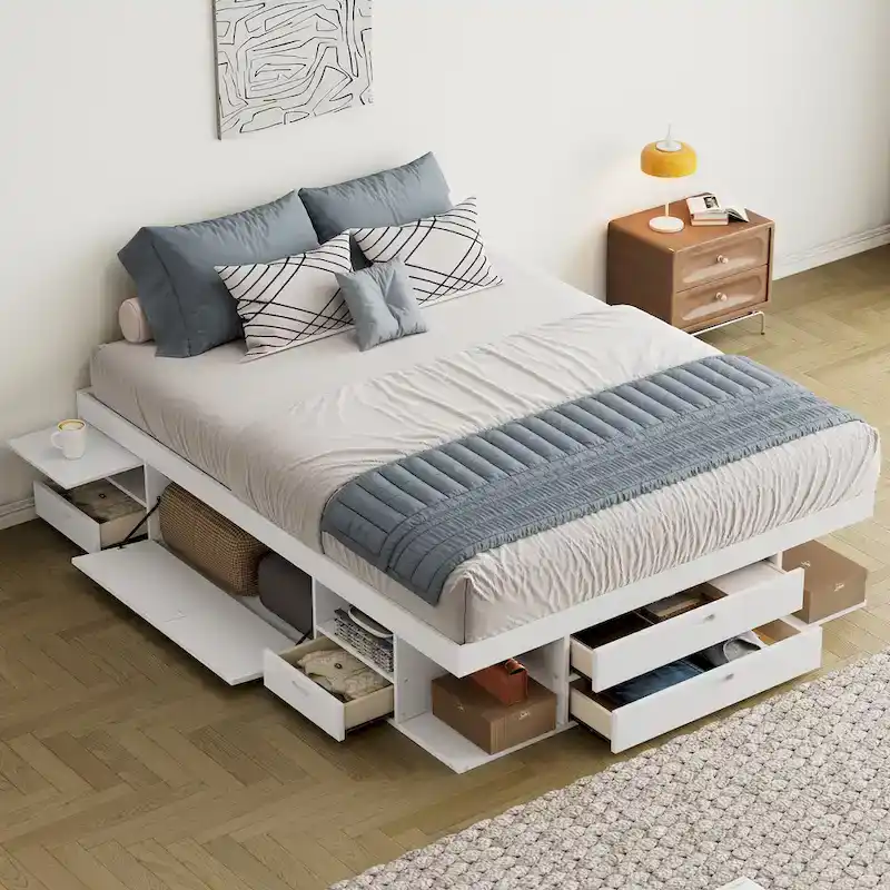 White Queen Platform Bed with Storage Drawers & Open Shelves, 2-Person