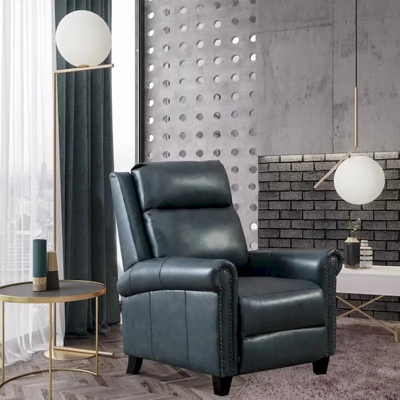 Genuine Leather Pushback Club Recliner Chair – Brass Nailhead, 300 lb Cap