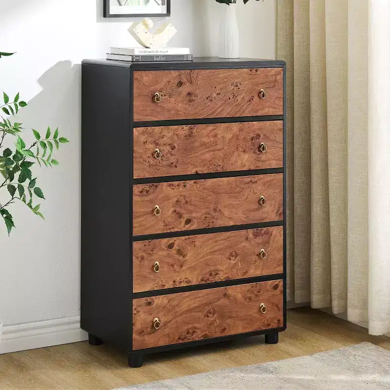 Modern Chest of Drawers with Natural Texture, Curved Profile Design, Dresser TV Stand, Wood Drawer Organizer for Bedroom, Living Room, Natural Oak