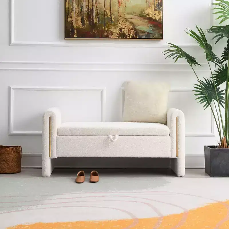 Modern Bed End Bench with Arms and Storage, Upholstered Large Foot Rest Stool, Comfy Window Vanity Bench for Living Room, Cream