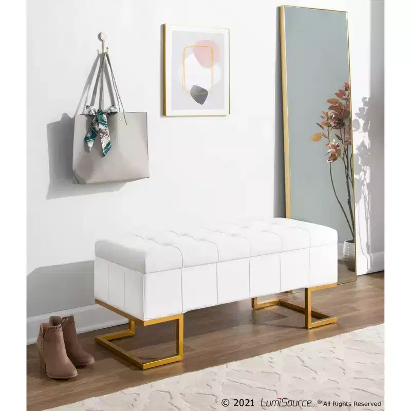 LumiSource 41" Midas Glam Storage Bench Steel/Velvet Gold/White: Upholstered Ottoman with Lift-Top, Tufted Design
