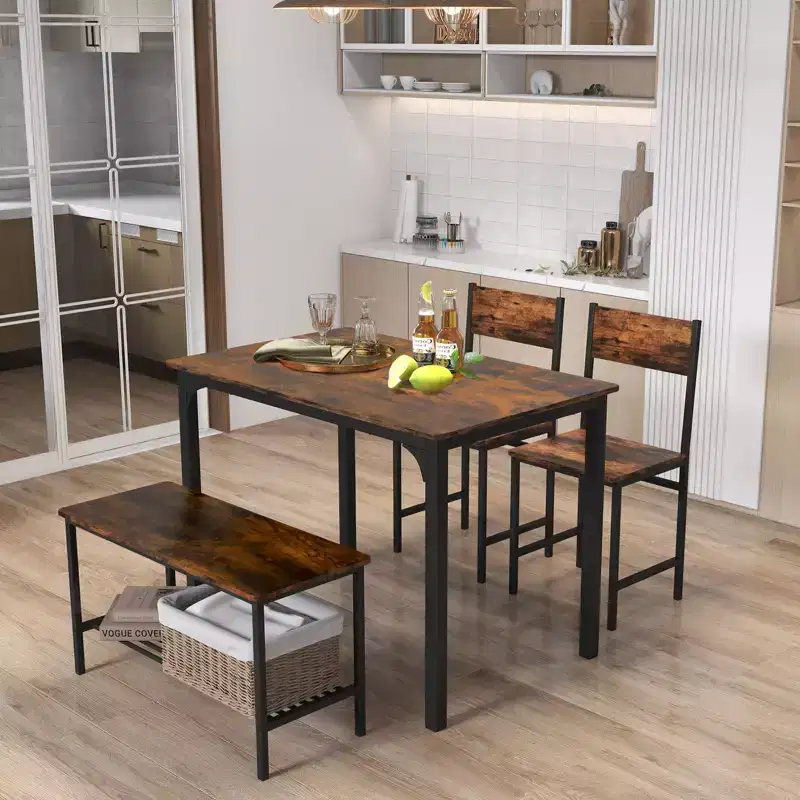 Costway 4pcs Dining Table Set Rustic Desk 2 Chairs & Bench with Storage Rack Brown/Grey/Coffee