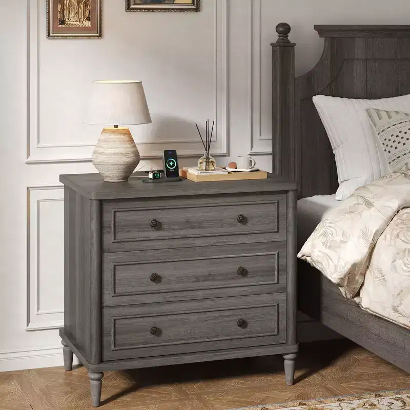 3 Drawer Farmhouse Nightstand Mid-Century Fluted Bedside Table with Power Outlet 18 Wide